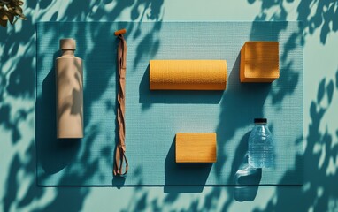 Yoga and fitness equipment including water bottle, blocks, and strap arranged on blue yoga mat. Wellness and exercise concept with leaf shadows
