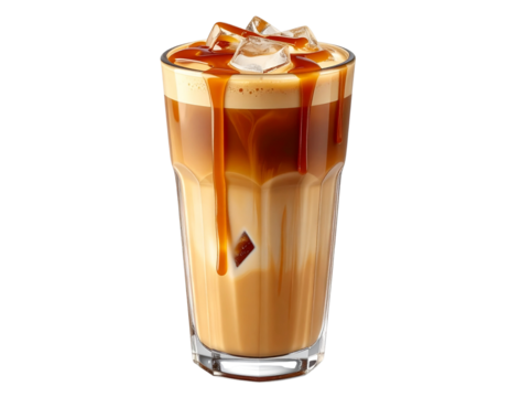A tall glass of iced caramel macchiato featuring distinct milk-coffee gradient layers, ice cubes visible through the glasrealistic reflections, isolated on a transpare