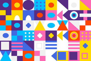 Colorful geometric abstract pattern with vibrant shapes including squares, circles, and triangles, creating a modern mosaic design and texture backdrop