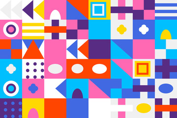 Obraz premium Vibrant geometric abstract pattern featuring a playful arrangement of colorful shapes like squares, triangles, circles, and arrows for modern design