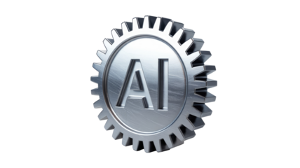 A shiny metallic gear with 'AI' letters, representing artificial intelligence, innovation, and the mechanical drive of future technology. background removed
