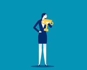 Competition. Success businesswoman holding golden cup
