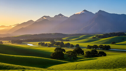 Stunning green hills and majestic mountain peaks bathed in golden light, perfect for travel blogs, nature photography, and serene landscape designs