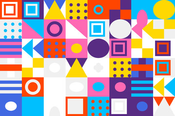 Colorful geometric shapes abstract pattern background design. dynamic mosaic grid with squares, circles, and triangles in vibrant hues.