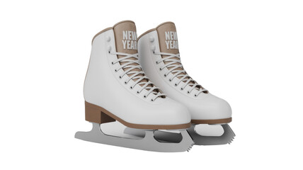 A pair of elegant white ice skates with "NEW YEAR" text, brown accents, and white laces, ideal for winter sports and festive themes. background removed