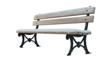 An empty wooden park bench, adorned with a fresh blanket of white snow, featuring elegant black metal scrollwork legs, isolated. background removed