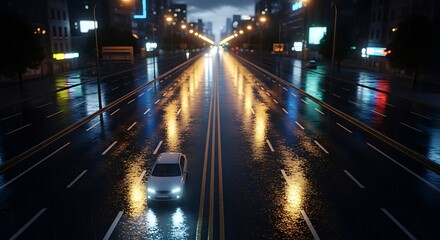 Night city street with car driving on wet road reflecting neon lights.