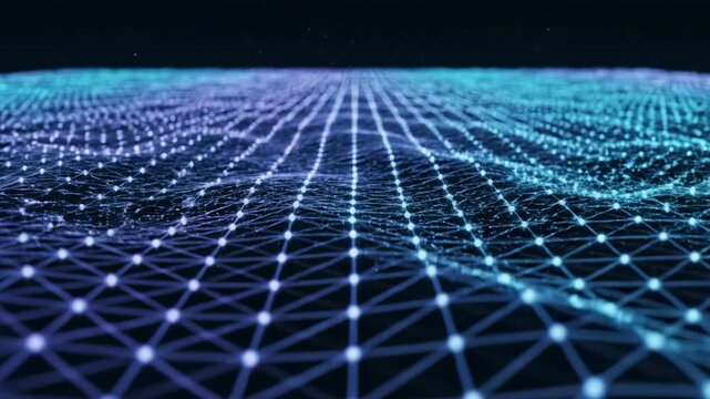 Complex grid of connected lines forming a neural network matrix subtly pulsating and flowing in a continuous mesmerizing wave dispersion pattern hypnotic, high tech, subtly pulsating