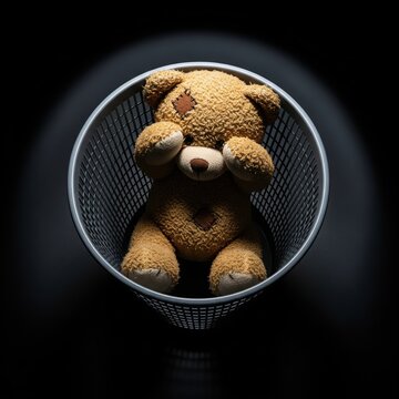 Ours en peluche jet&eacute; dans la poubelle couvrant son visage sur fond sombre.