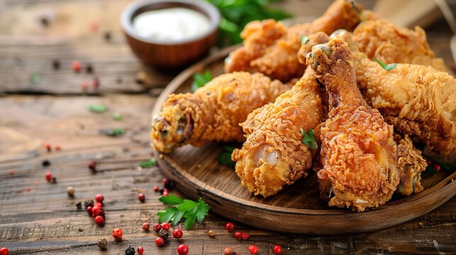 Crispy fried chicken drumsticks with golden breading and herbs on rustic wooden table