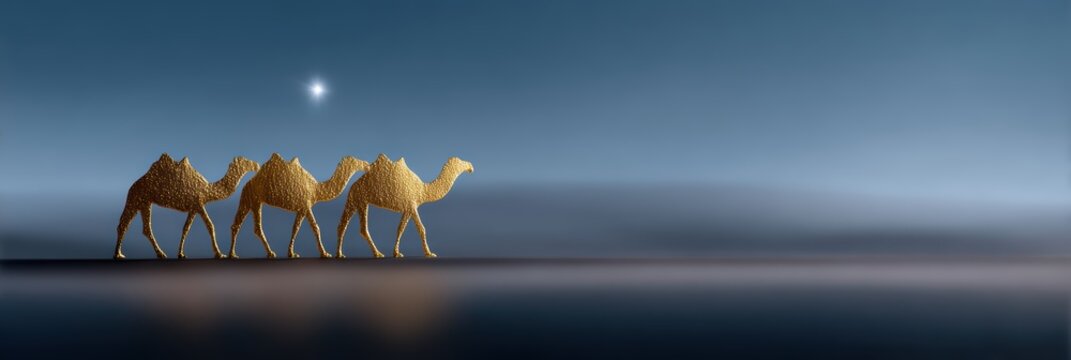 three kings day web design, sophisticated minimalist header with elegant gold-line magi illustrations, clean negative space, refined luxury aesthetic, subtle glowing star motif, ideal for premium