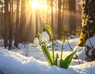 Snowdrop flowers blooming in the winter forest under the warm sunlight rays