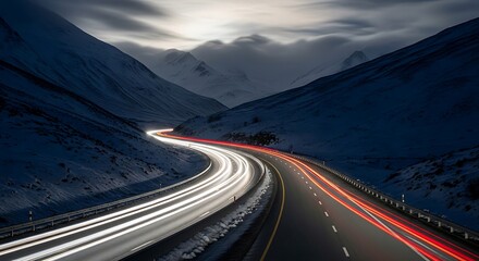 Long Exposure of Winding Mountain Road with Car Light Trails at Dusk.