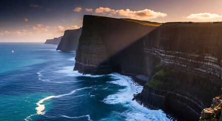 Dramatic coastal cliffs bathed in golden hour sunlight with waves crashing below.