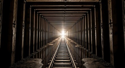 Long dark tunnel with railway tracks leading to a bright light at the end, creating a sense of mystery and journey.