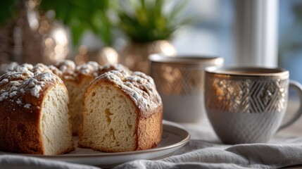 gourmet food photography, opulent kitchen setting close-up shot of freshly sliced rosca de reyes with hidden figurine, steaming caf con leche in ceramic mugs, and impeccable food-photography styling