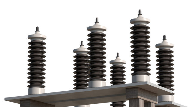 Multiple corrugated electrical insulators, likely high-voltage components, stand vertically on a concrete platform, essential for power distribution and protection. background removed