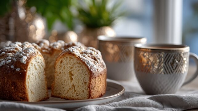 gourmet food photography, opulent kitchen setting close-up shot of freshly sliced rosca de reyes with hidden figurine, steaming caf con leche in ceramic mugs, and impeccable food-photography styling