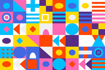 Colorful geometric pattern with various shapes in a bright grid composition, modern abstract design for backgrounds, textiles, and web elements.