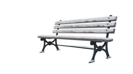A rustic park bench, isolated on a transparent background, completely blanketed in white snow, evoking a winter atmosphere. background removed