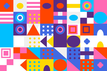 Abstract geometric pattern background with colorful shapes like circles, squares, and triangles in a modern, playful, flat design style illustration