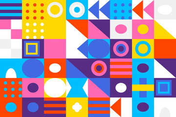 Vibrant abstract geometric pattern with colorful shapes and blocks creating a modern, dynamic, and playful mosaic background design for creative projects.
