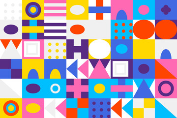 Colorful abstract geometric pattern background with vibrant shapes including circles, triangles, and squares, ideal for modern design projects and creative use