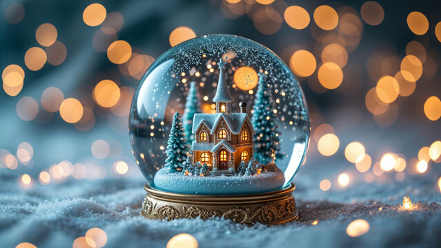 Christmas Snow Globe with Winter House, Trees, and Warm Bokeh Lights