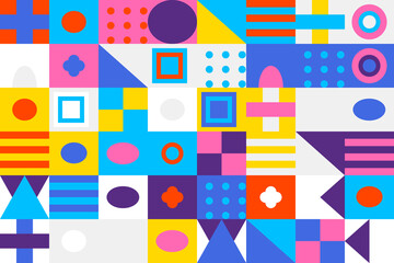 Vibrant abstract geometric pattern with diverse shapes in a modern grid mosaic, featuring bright primary and secondary colors for contemporary design backgrounds
