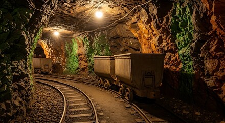 Illuminated Mine Tunnel with Rail Tracks and Mining Carts.