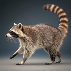 Naklejka premium A detailed studio portrait of a wild raccoon with its bushy, ringed tail held high against a dark background