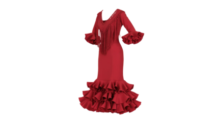 Stunning red flamenco dress with a fringed V-neck, ruffled sleeves, and an elaborately tiered mermaid skirt, showcasing traditional Spanish style. background removed