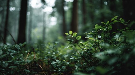 Deep forest background with lightly scattered pale-green bokeh across the top