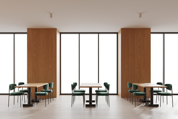 Fototapeta premium Dining area with minimalist wooden tables and green chairs, modern interior style, isolated on white background, concept of clean space mockup. 3D Rendering
