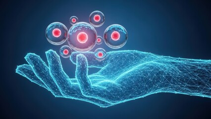 Wireframe Blue Hand Gently Holding Cluster of Glowing Red and Pink Cells science biology