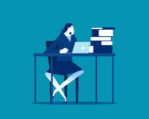 Thinking. Woman sit in thoughtful pose at working desk with books.