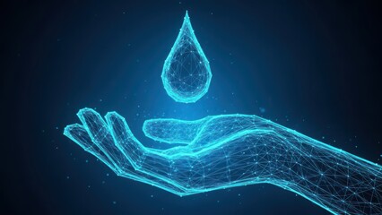 Wireframe Hand Cupping a Glowing Digital Water Droplet Against a Dark Blue holding