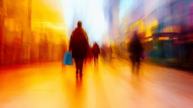 Holiday shopping season. Retail business promotion concept. A vivid, colorful, and abstract representation of a bustling city street scene. The main subject is a blurred figure, possibly a woman.
