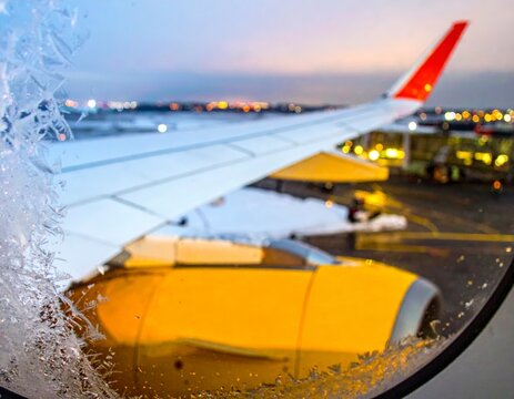 Frosted airplane window view with yellow engine at a vibrant airport during a cold winter evening