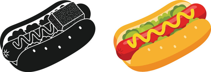 Delicious hot dog illustration color and silhouette options for food design