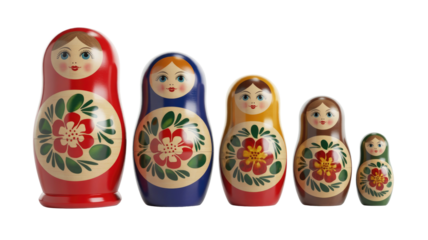 Five colorful Matryoshka dolls, varying in size, showcasing traditional Russian folk art with detailed painted faces and vibrant floral designs, arranged sequentially. background removed