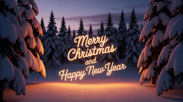 Glowing merry christmas and happy new year greeting in snowy forest