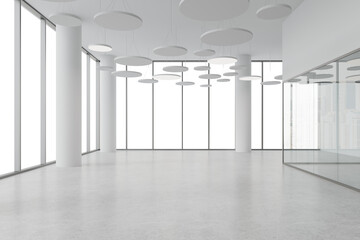 Fototapeta premium Empty modern office interior with circular ceiling lights, white walls and tall glass windows on a white background. 3D Rendering