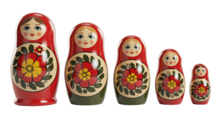 A set of five traditional Russian matryoshka nesting dolls, painted in red with charming floral patterns, displayed in decreasing size. background removed