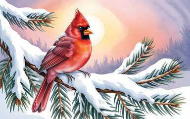 Vibrant male northern cardinal perched on snowcovered pine branch at sunset