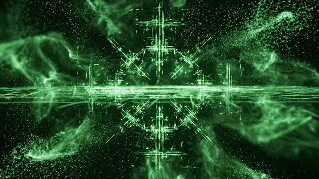 Digital grid lines of bright electric green light forming complex geometric patterns that slowly rotate and dissolve in an endless loop virtual reality, digital grid lines, vibrant