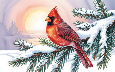Vibrant red cardinal perched on a snowcovered pine branch at sunrise