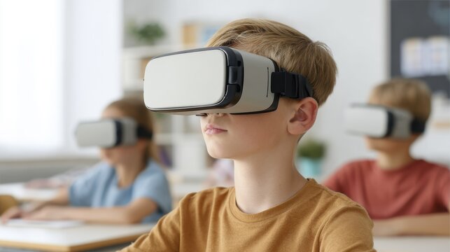 Young students engaging in virtual reality classroom experience for interactive learning