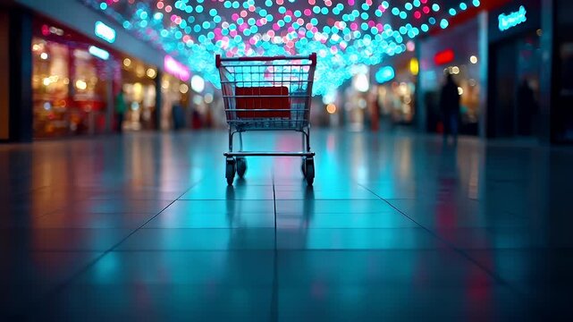 Holiday shopping season. Retail business promotion concept. A shopping cart is positioned in the center of a brightly lit shopping mall. The background is a bokeh of colorful lights.