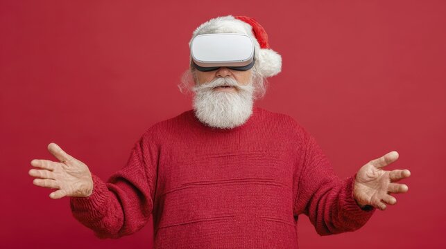 Santa embracing virtual reality: playful holiday tech adventure in festive red
